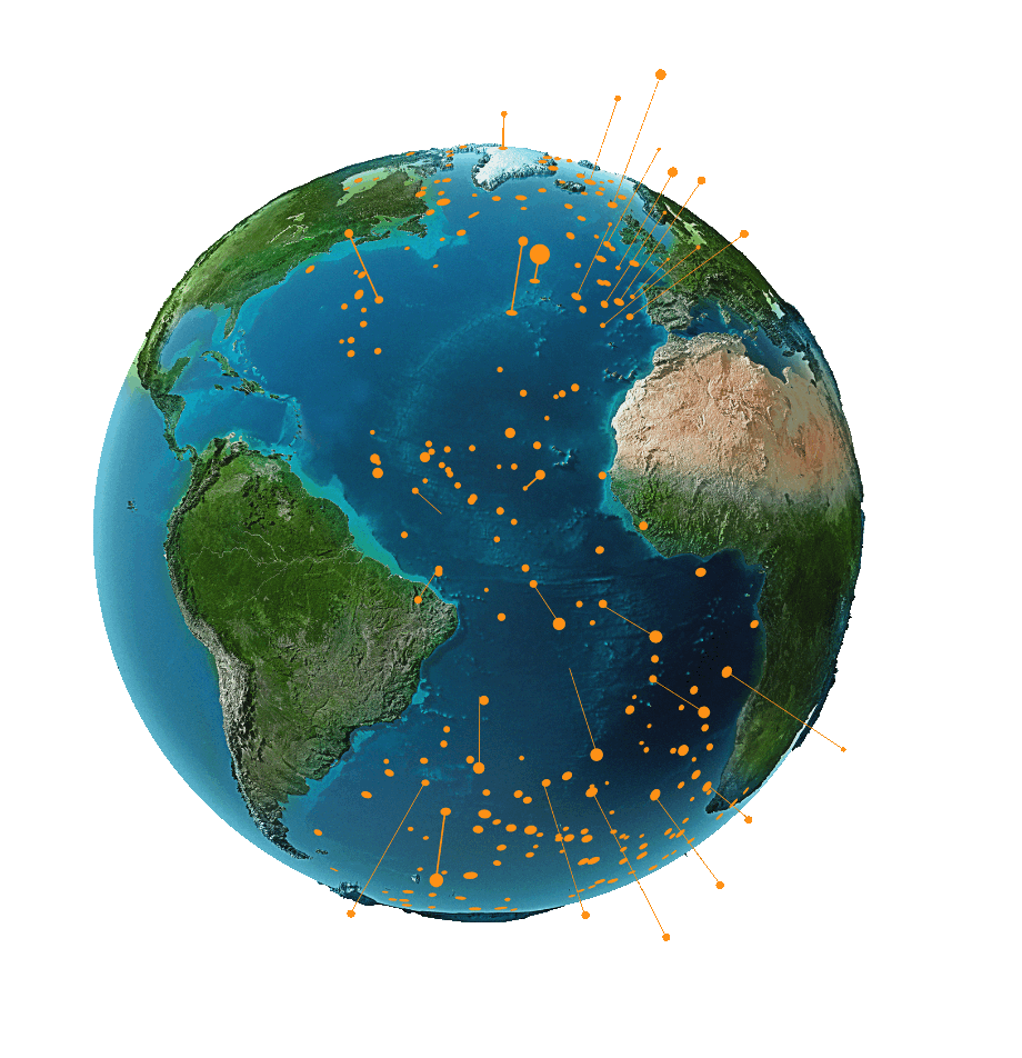 a globe with markings for beacon sites